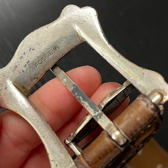 Vintage 90\'s Fossil Croc Stamped Leather Belt with Ornate Silvertone Buckle main image 2